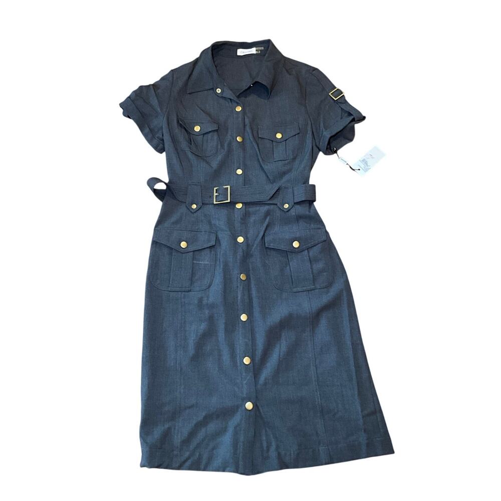 Calvin Klein Cargo Midi Dress Snap-Up Belted Front Pockets Grey Womens Sz 10 NWT